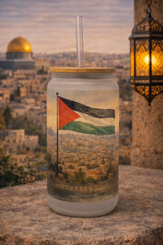 Palestine Frosted Glass Tumbler with Straw & Bag – 16oz Glass Cup