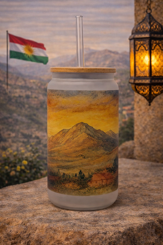 Kurdistan Frosted Glass Tumbler with Straw & Bag – 16oz Glass Cup
