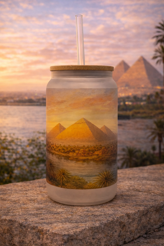 Egypt Frosted Glass Tumbler with Straw & Bag – 16oz Glass Cup