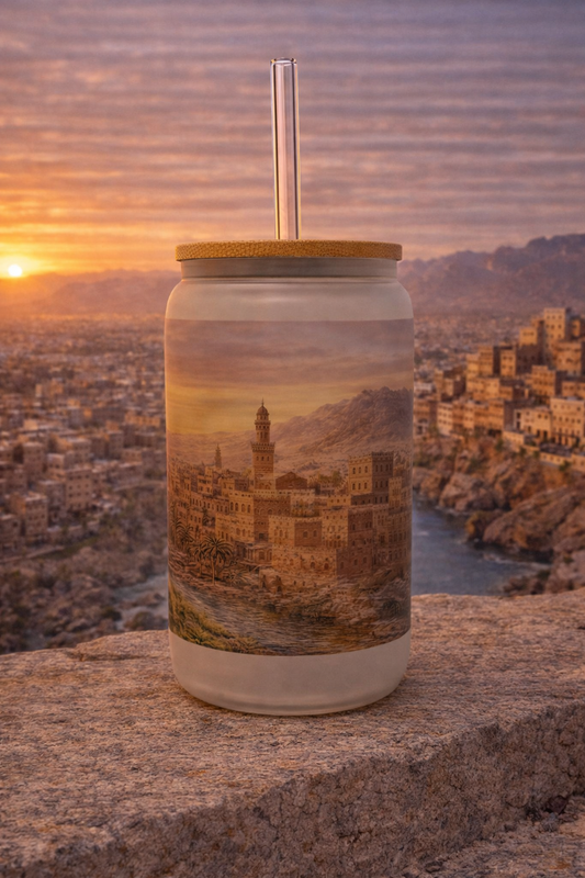 Yemen Frosted Glass Tumbler with Straw & Bag – 16oz Glass Cup