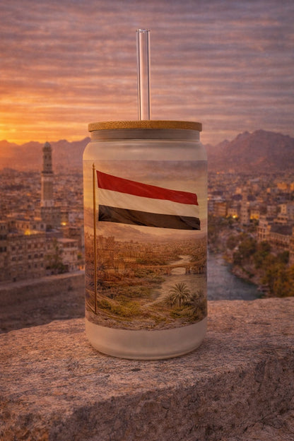 Yemen Frosted Glass Tumbler with Straw & Bag – 16oz Glass Cup