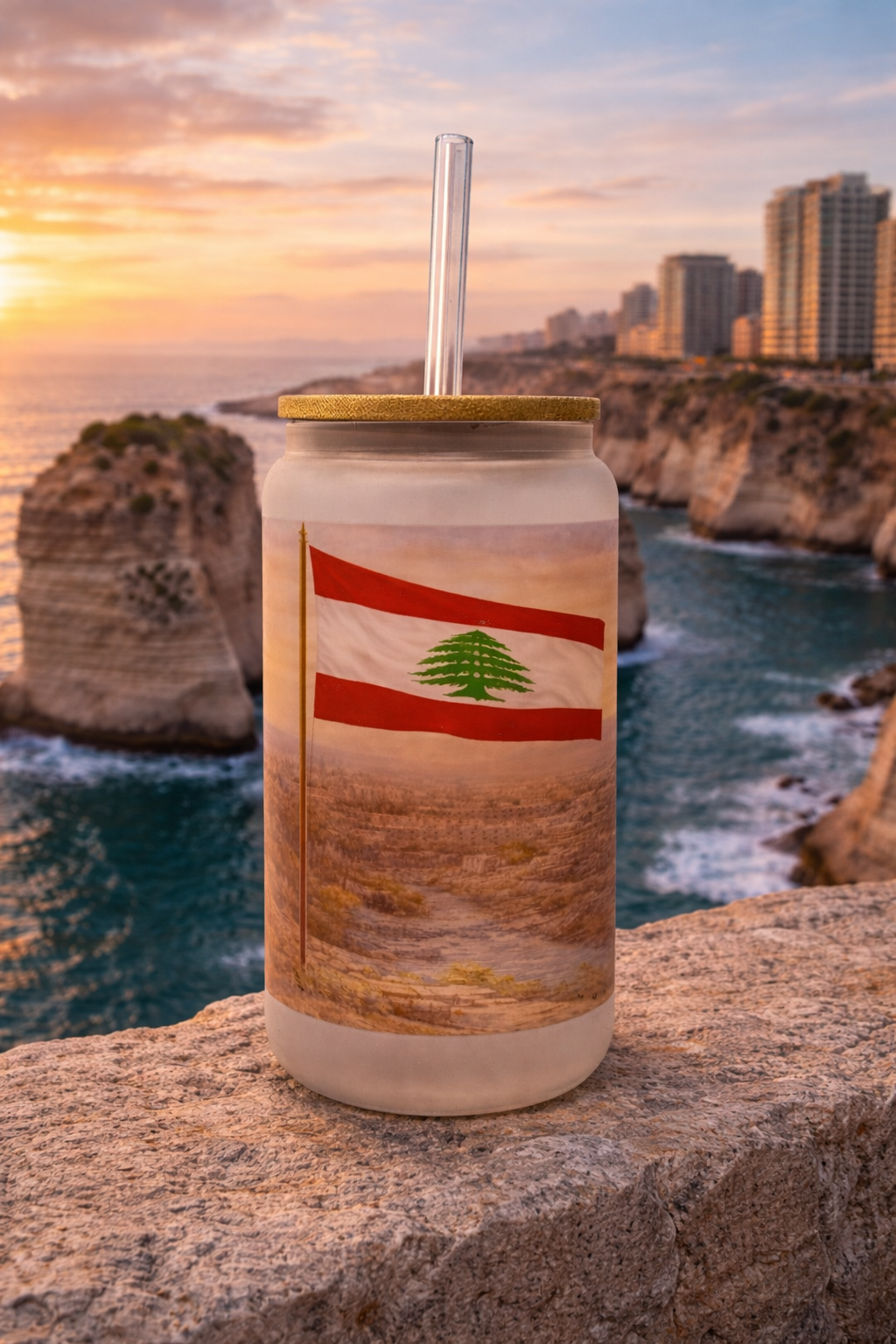 Lebanon Glass Tumbler with Straw & Bag – 16oz Reusable Travel Cup