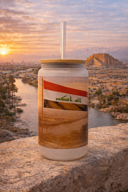 Iraq Frosted Glass Tumbler with Straw & Bag – 16oz Glass Cup