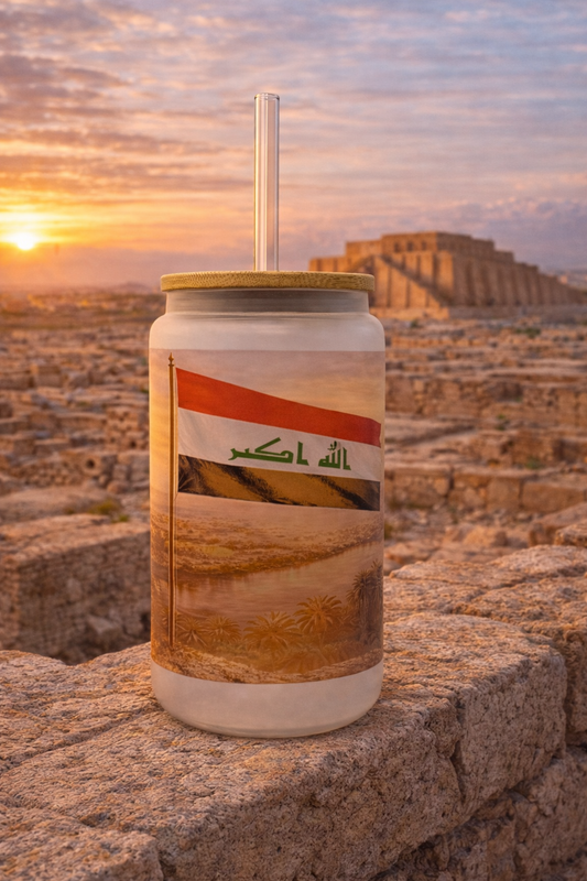 Iraq Frosted Glass Tumbler with Straw & Bag – 16oz Glass Cup