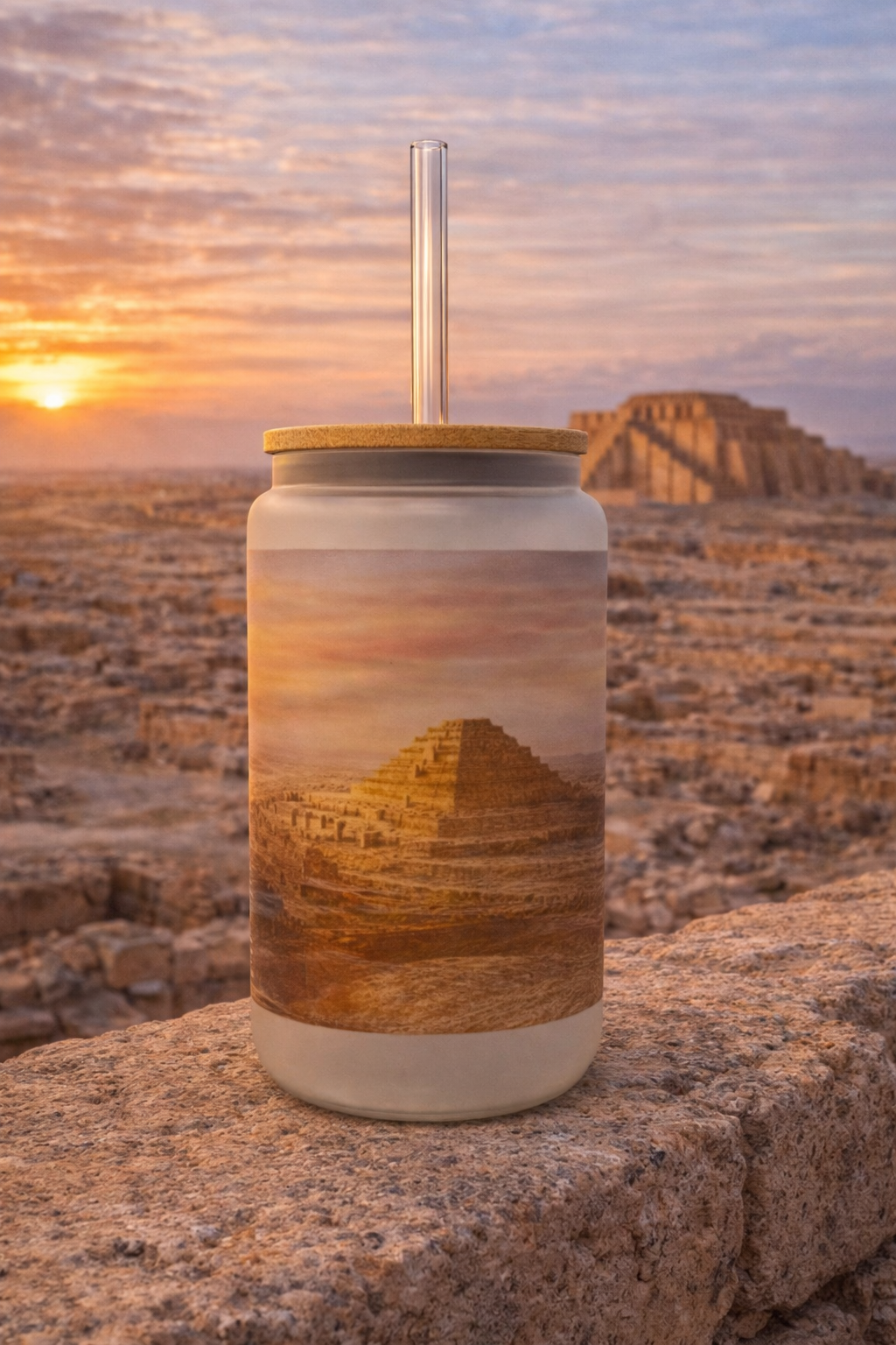 Iraq Frosted Glass Tumbler with Straw & Bag – 16oz Glass Cup