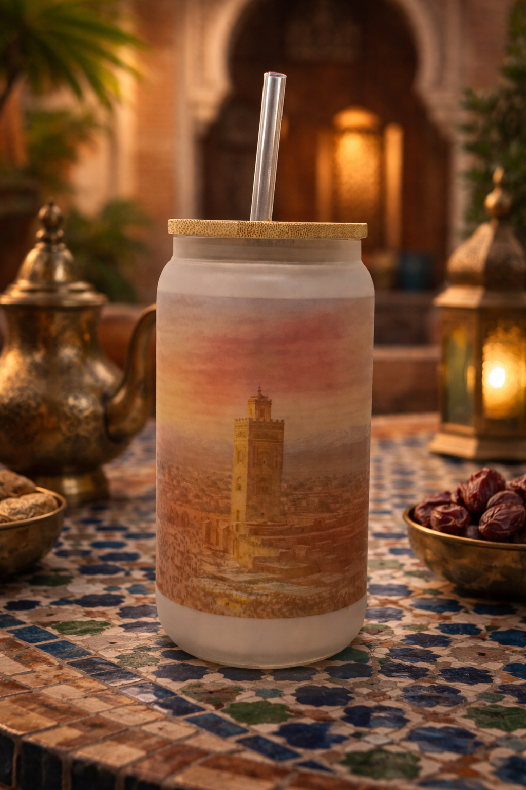 Morocco Frosted Glass Tumbler with Straw & Bag – 16oz Glass Cup