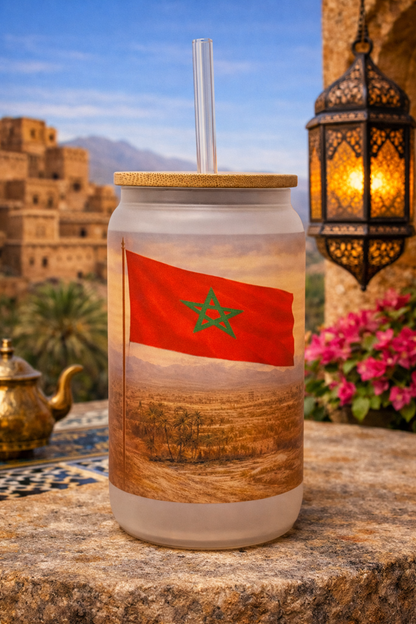 Morocco Frosted Glass Tumbler with Straw & Bag – 16oz Glass Cup