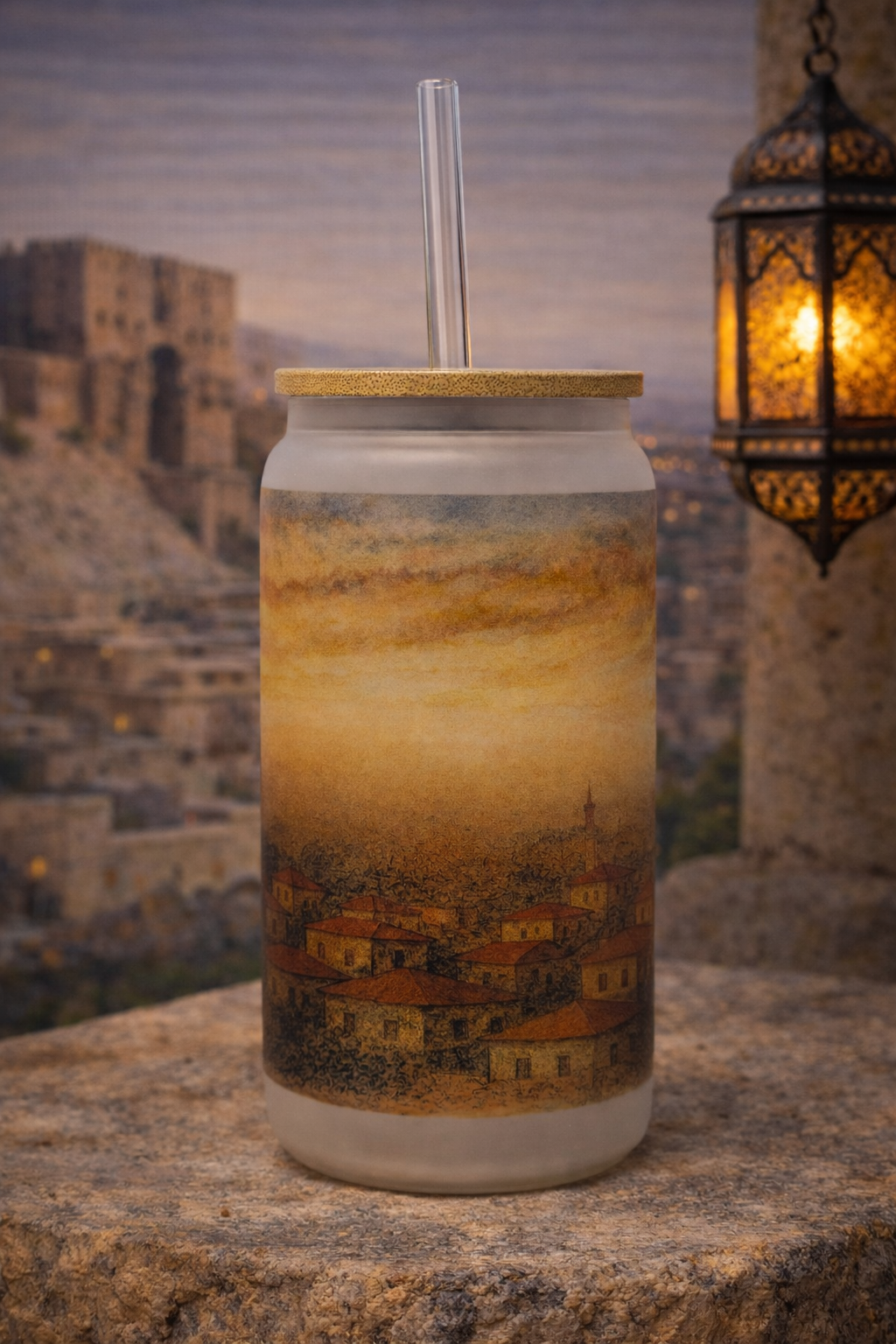 Syria Frosted Glass Tumbler with Straw & Bag – 16oz Glass Cup