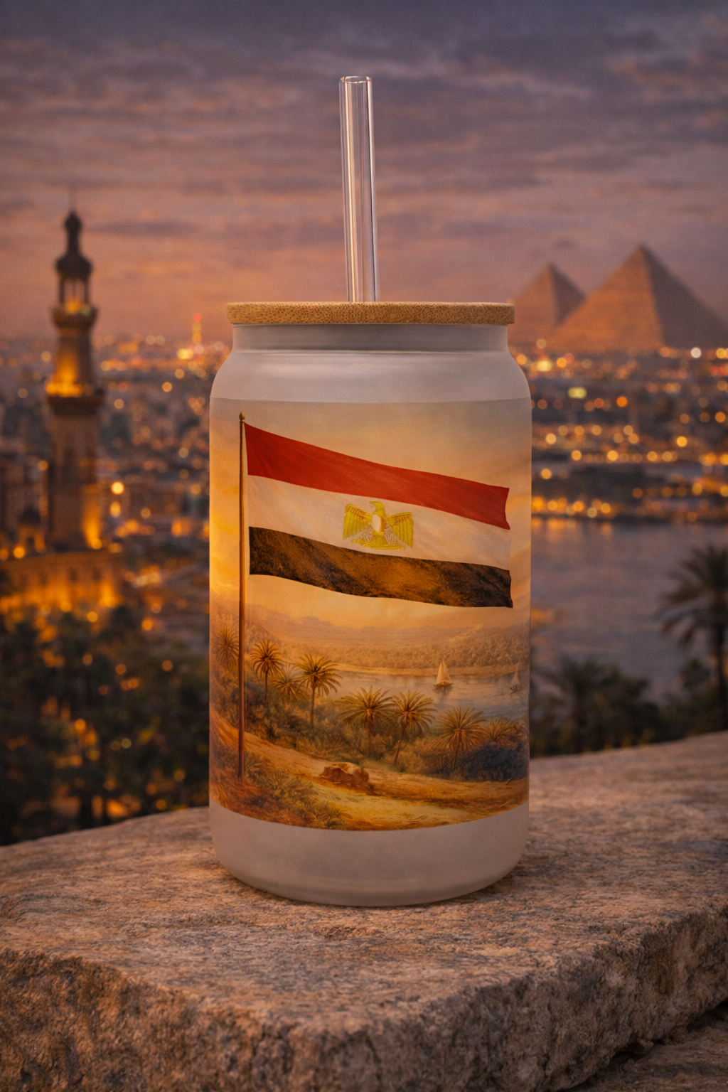 Egypt Frosted Glass Tumbler with Straw & Bag – 16oz Glass Cup
