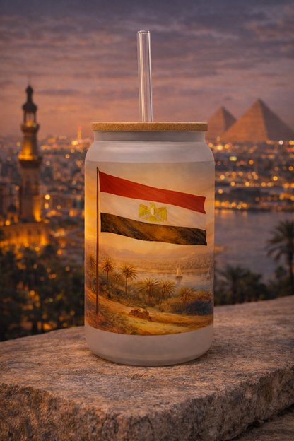 Egypt Frosted Glass Tumbler with Straw & Bag – 16oz Glass Cup