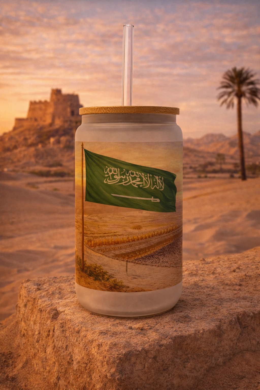 Saudi Arabia Frosted Glass Tumbler with Straw & Bag – 16oz Glass Cup