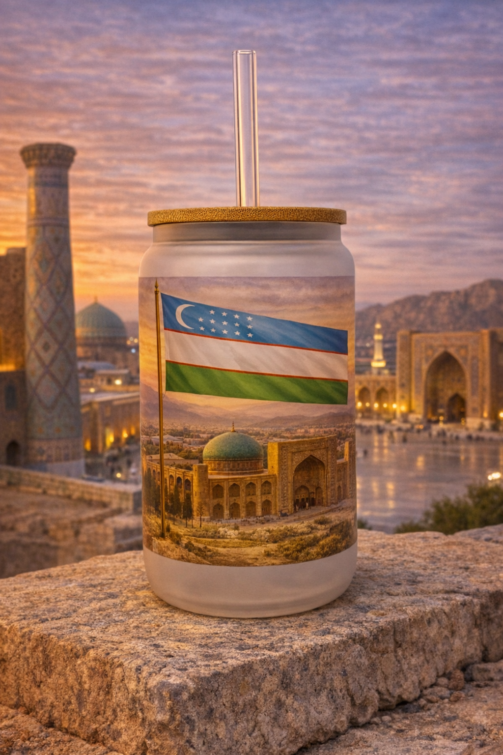 Uzbekistan Frosted Glass Tumbler with Straw & Bag – 16oz Glass Cup