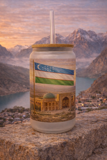 Uzbekistan Frosted Glass Tumbler with Straw & Bag – 16oz Glass Cup