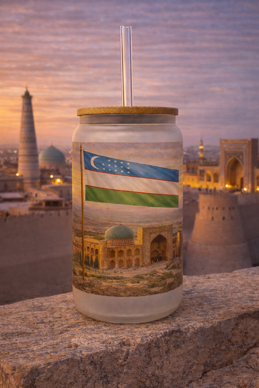 Uzbekistan Frosted Glass Tumbler with Straw & Bag – 16oz Glass Cup