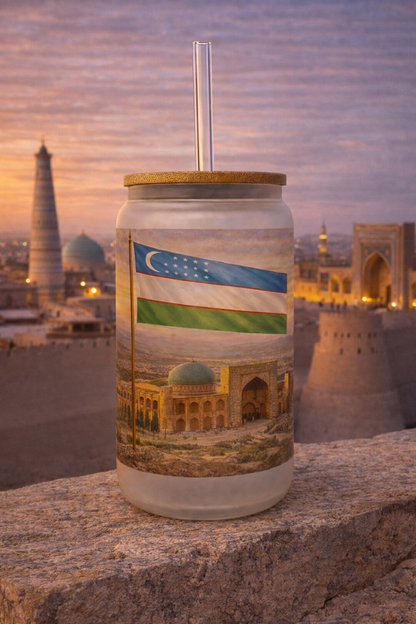 Uzbekistan Frosted Glass Tumbler with Straw & Bag – 16oz Glass Cup