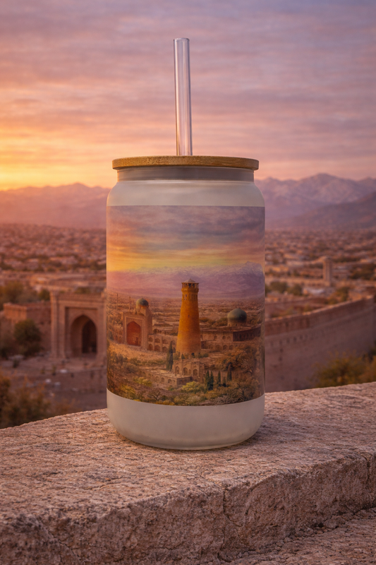 Uzbekistan Frosted Glass Tumbler with Straw & Bag – 16oz Glass Cup