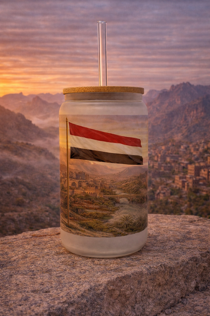 Yemen Frosted Glass Tumbler with Straw & Bag – 16oz Glass Cup