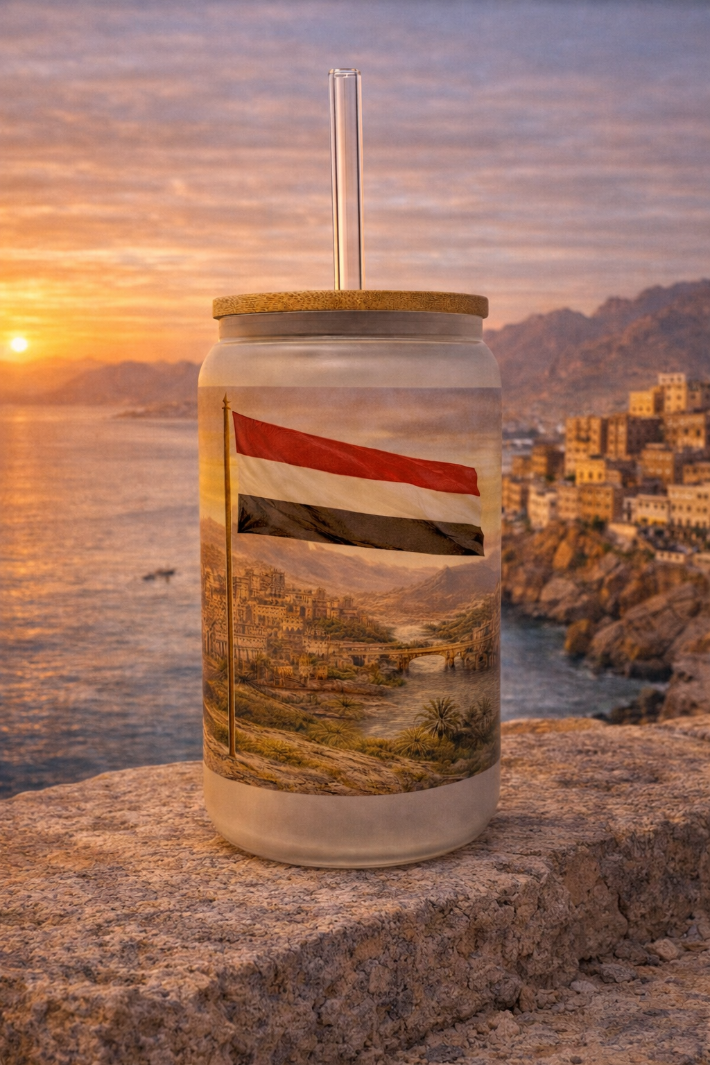 Yemen Frosted Glass Tumbler with Straw & Bag – 16oz Glass Cup