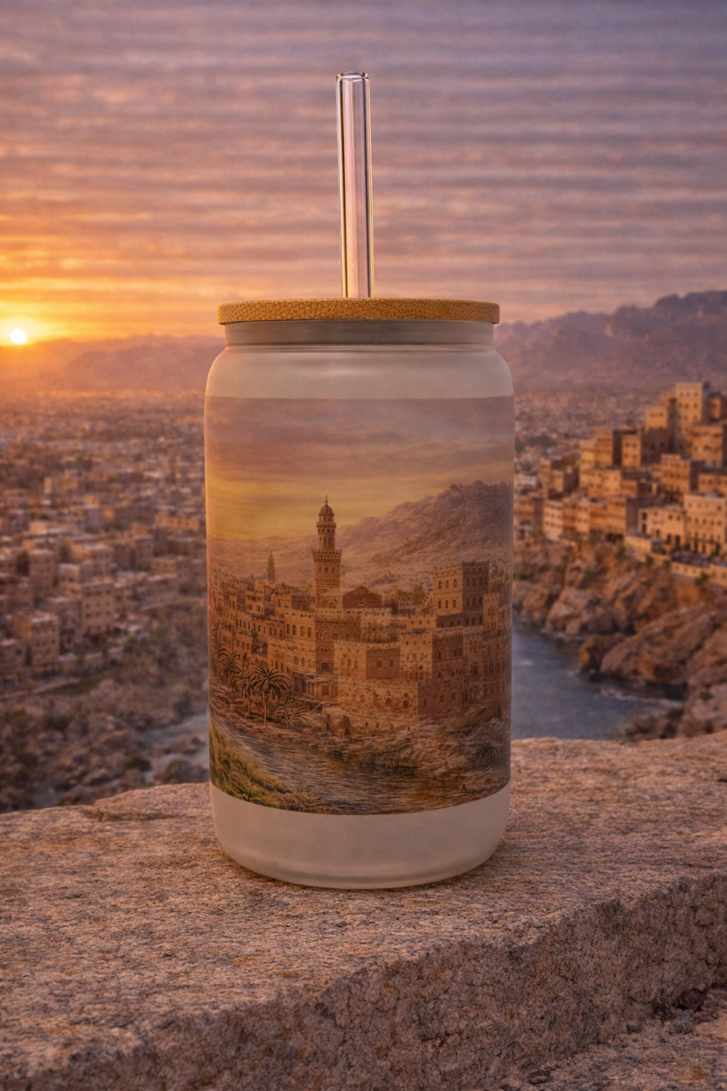 Yemen Frosted Glass Tumbler with Straw & Bag – 16oz Glass Cup