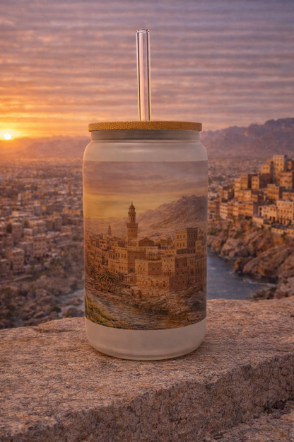 Yemen Frosted Glass Tumbler with Straw & Bag – 16oz Glass Cup