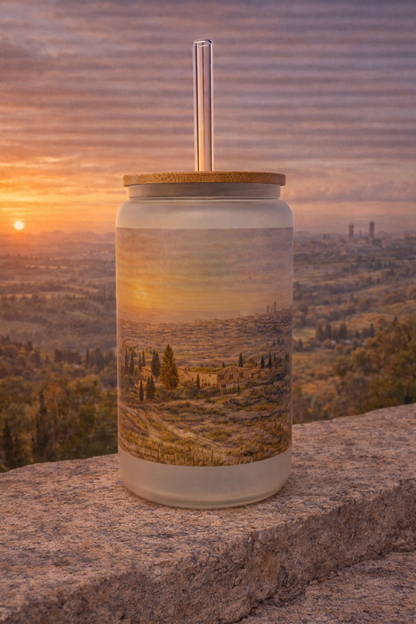 Italy Frosted Glass Tumbler with Straw & Bag – 16oz Glass Cup