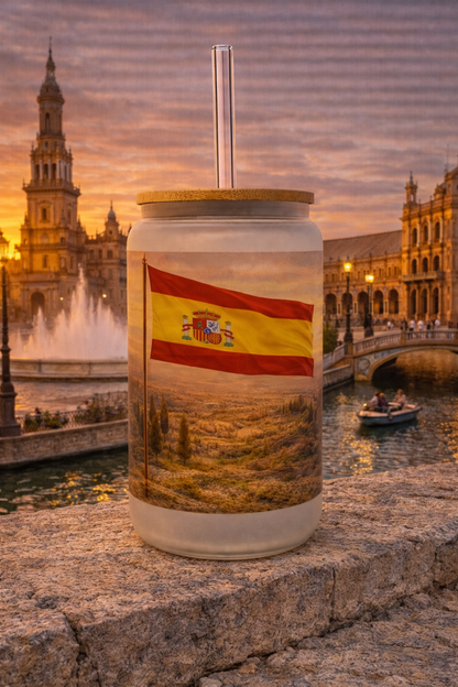 Spain Frosted Glass Tumbler with Straw & Bag – 16oz Glass Cup