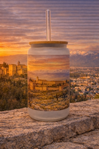 Spain Frosted Glass Tumbler with Straw & Bag – 16oz Glass Cup