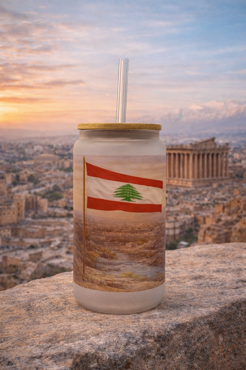 Lebanon Glass Tumbler with Straw & Bag – 16oz Reusable Travel Cup