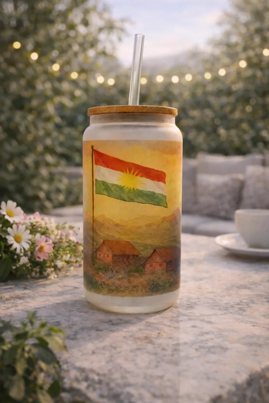 Kurdistan Frosted Glass Tumbler with Straw & Bag – 16oz Glass Cup
