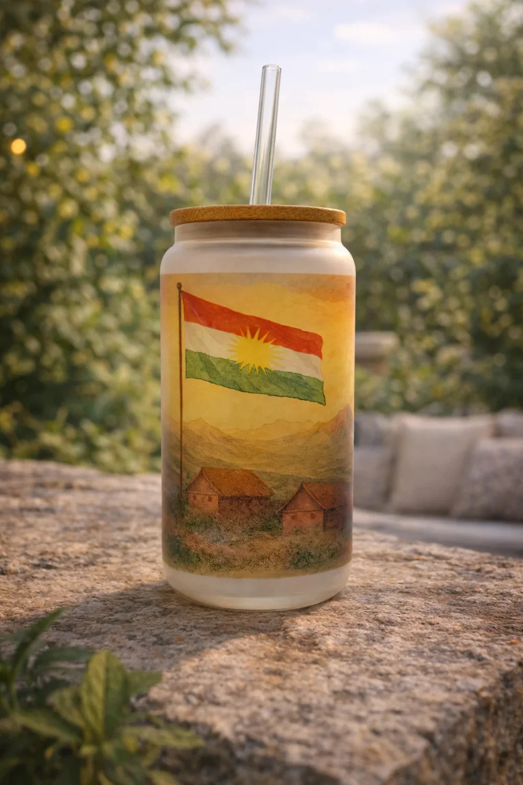 Kurdistan Frosted Glass Tumbler with Straw & Bag – 16oz Glass Cup