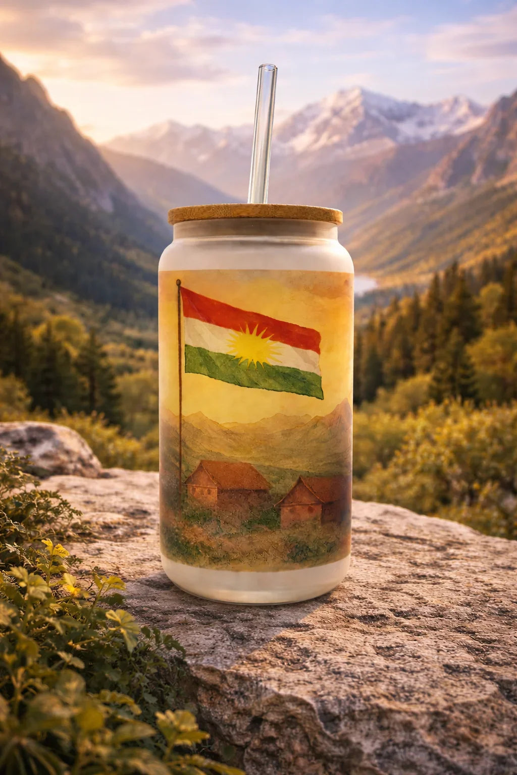 Kurdistan Frosted Glass Tumbler with Straw & Bag – 16oz Glass Cup
