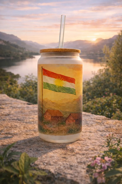 Kurdistan Frosted Glass Tumbler with Straw & Bag – 16oz Glass Cup