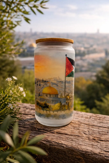 Palestine Frosted Glass Tumbler with Straw & Bag – 16oz Glass Cup