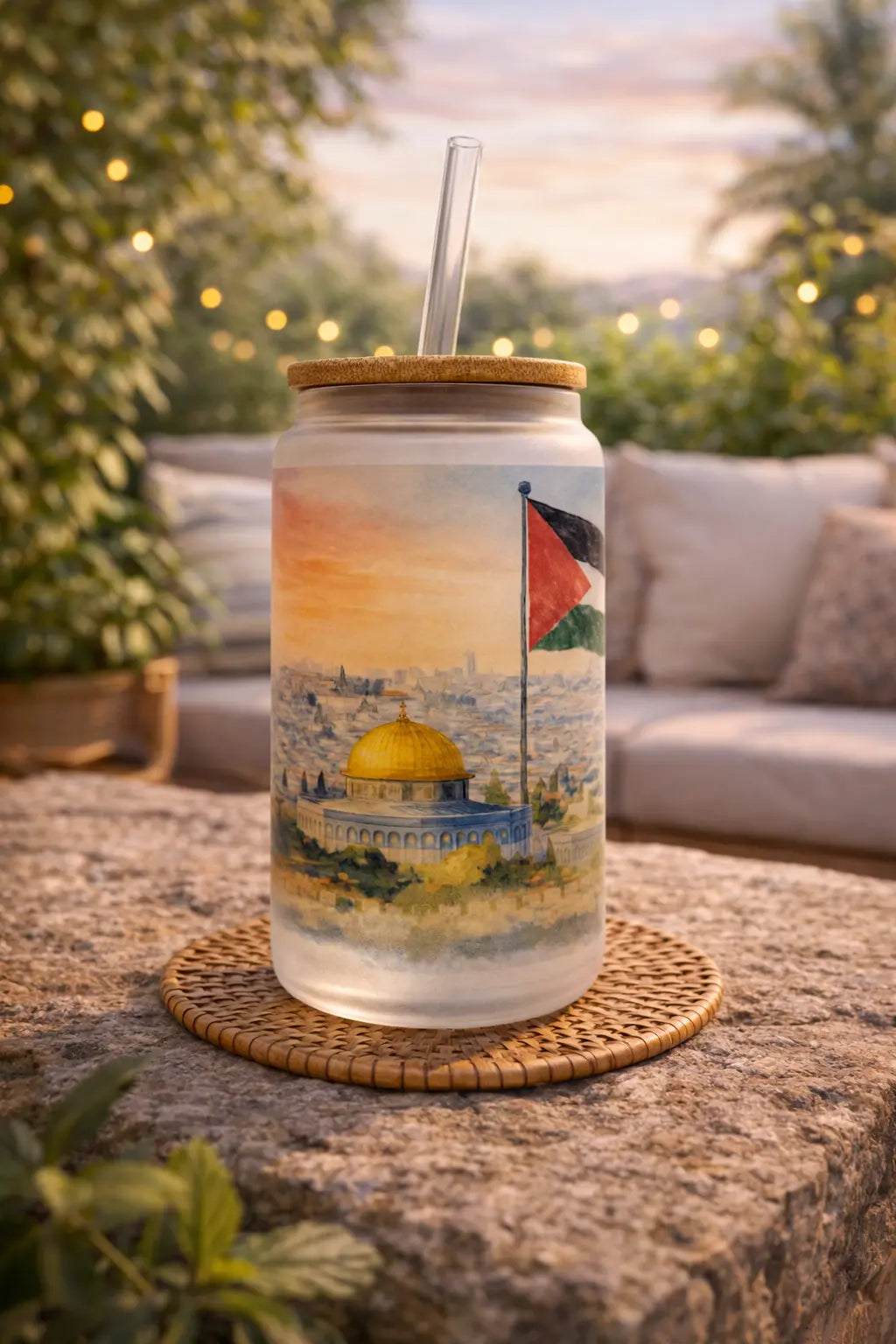 Palestine Frosted Glass Tumbler with Straw & Bag – 16oz Glass Cup