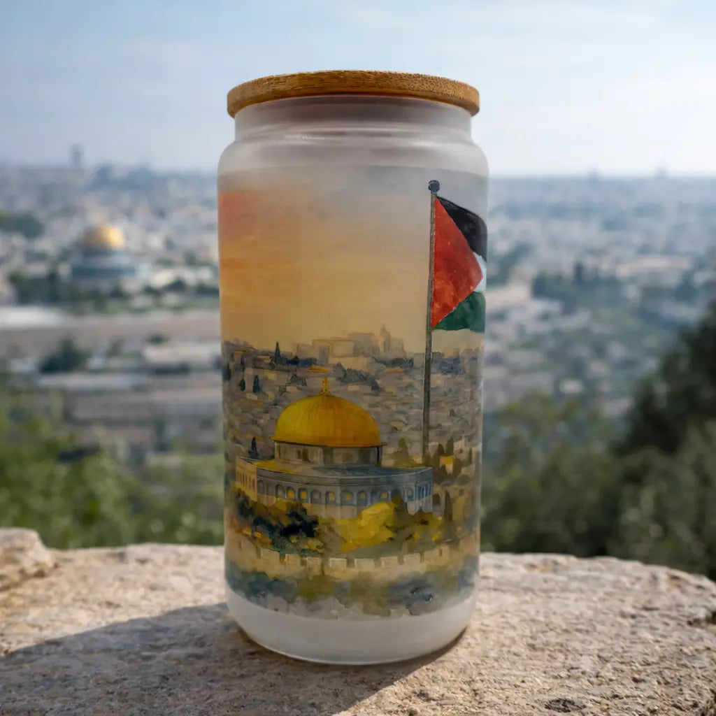 Palestine Frosted Glass Tumbler with Straw & Bag – 16oz Glass Cup